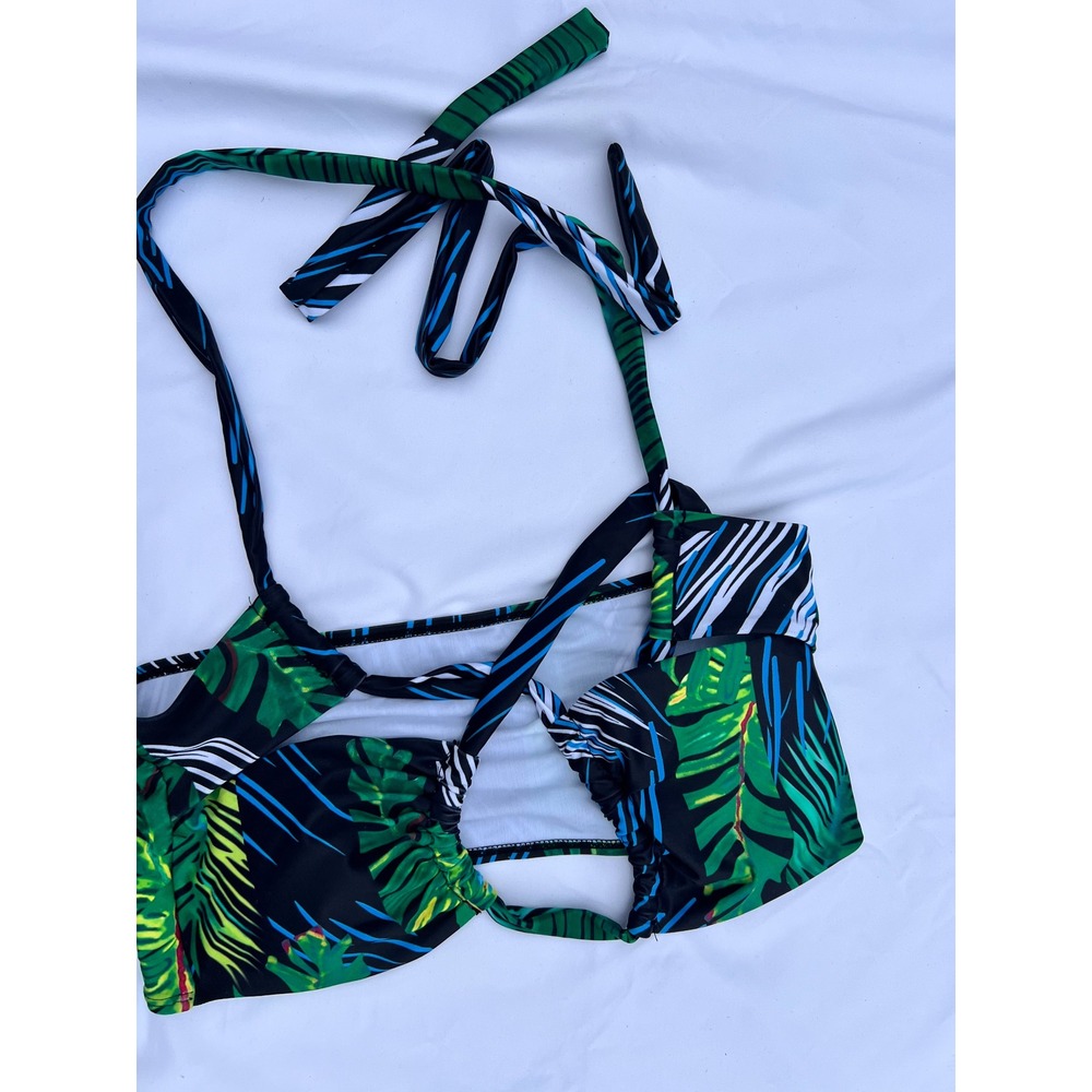 Tropical Palm Print 3 Piece Bikini Set with Mesh Maxi Skirt Cover Up Green M - Picture 7 of 10